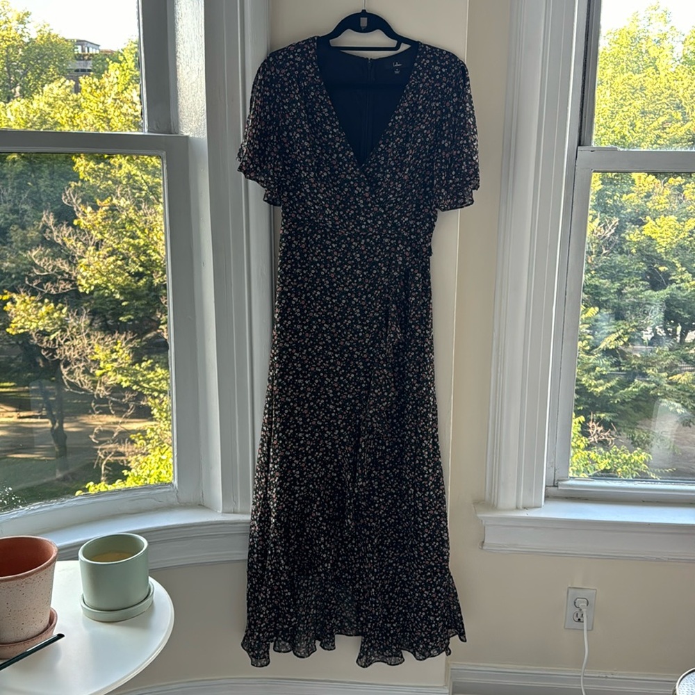 Lulus Black Floral Midi Ruffle Wrap Dress